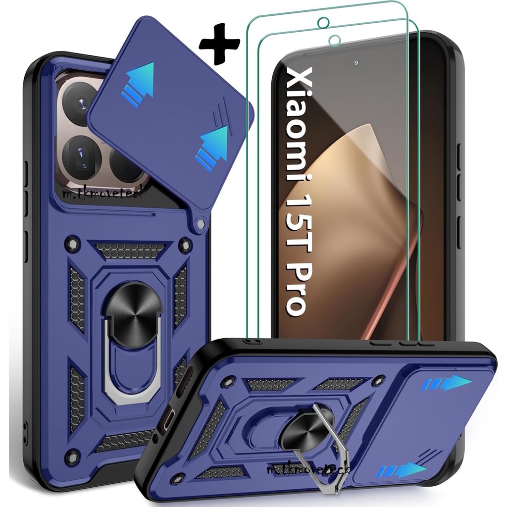 M.TK Moveteck Xiaomi Mi 15T Pro Kılıf Kamera Korumalı Sürgülü Yüzüklü Armor Zırh Tank Kapak + 1 Adet 9h Ekran Koruyucu Cam Set - Lacivert Cep Telefonu Kılıfı Fiyatı
