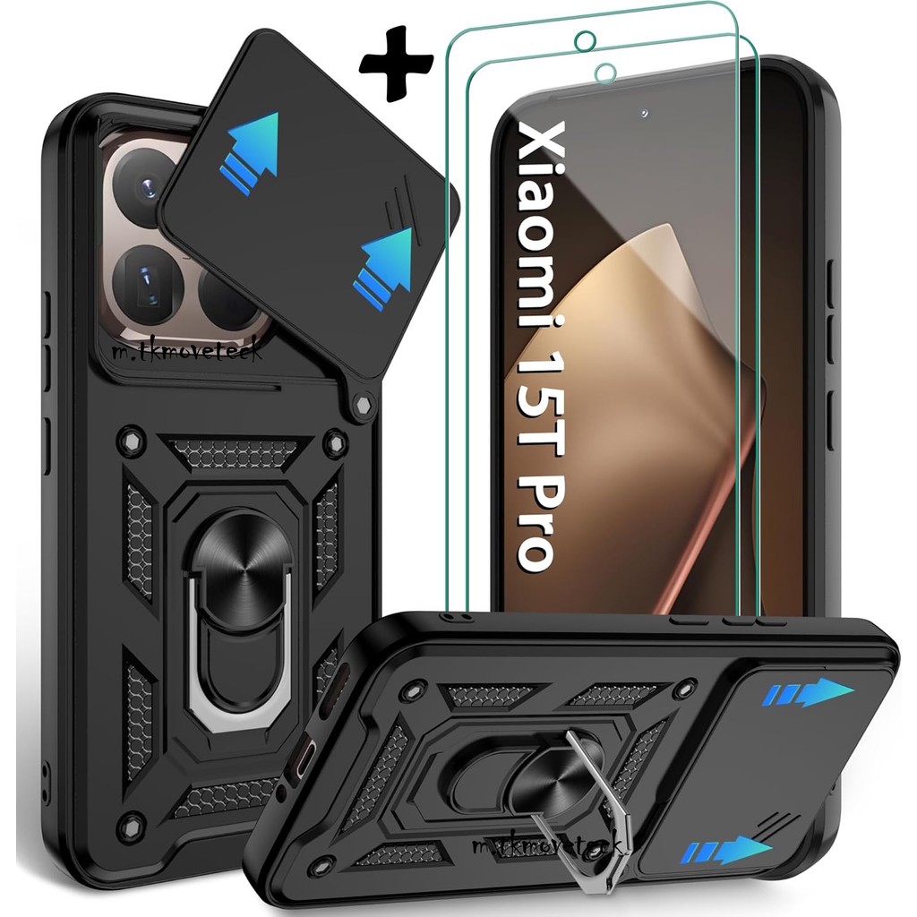 M.TK Moveteck Xiaomi Mi 15T Pro Kılıf Kamera Korumalı Sürgülü Yüzüklü Armor Zırh Tank Kapak + 1 Adet 9h Ekran Koruyucu Cam Set - Siyah Cep Telefonu Kılıfı Fiyatı