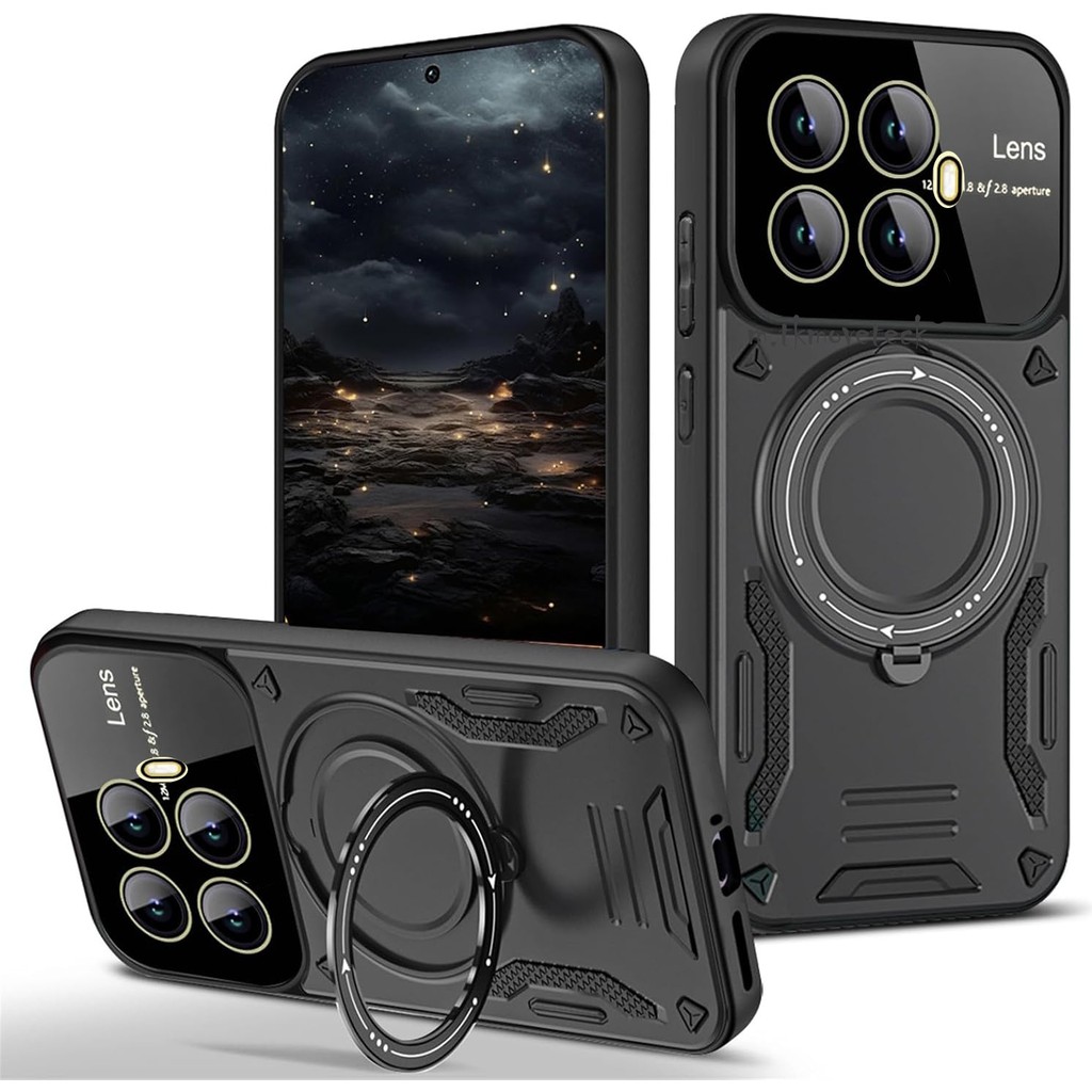 M.TK Moveteck Xiaomi Mi 15T Pro Kılıf Magsafe Dönebilen Halkalı Standlı Gold Detaylı Tam Kamera Lensli Korumalı Military Tank Kapak - Siyah Cep Telefonu Kılıfı Fiyatı
