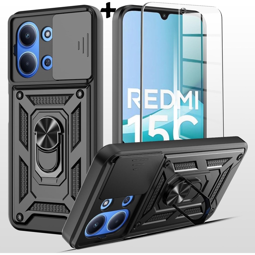 M.TK Moveteck Xiaomi Redmi 15C Kılıf Kamera Korumalı Sürgülü Yüzüklü Standlı Armor Tank Kapak + Ekran Koruyucu Cam Set - Siyah Cep Telefonu Kılıfı Fiyatı