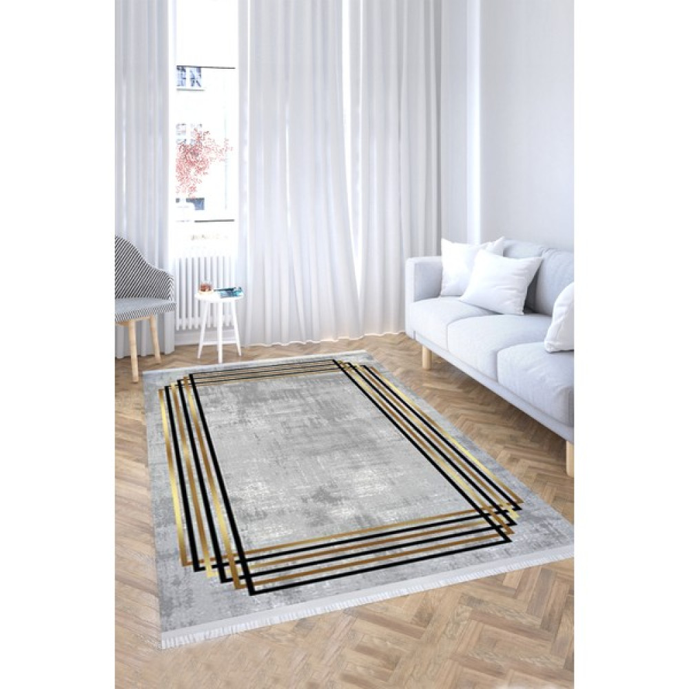 Mubo Kaymaz Tabanlı Makinada Yıkanabilir Dekoratif Salon Halısı Mutfak Halısı Yolluk - 100 x 150 cm - Gold - Gri Salon Halısı Fiyatı