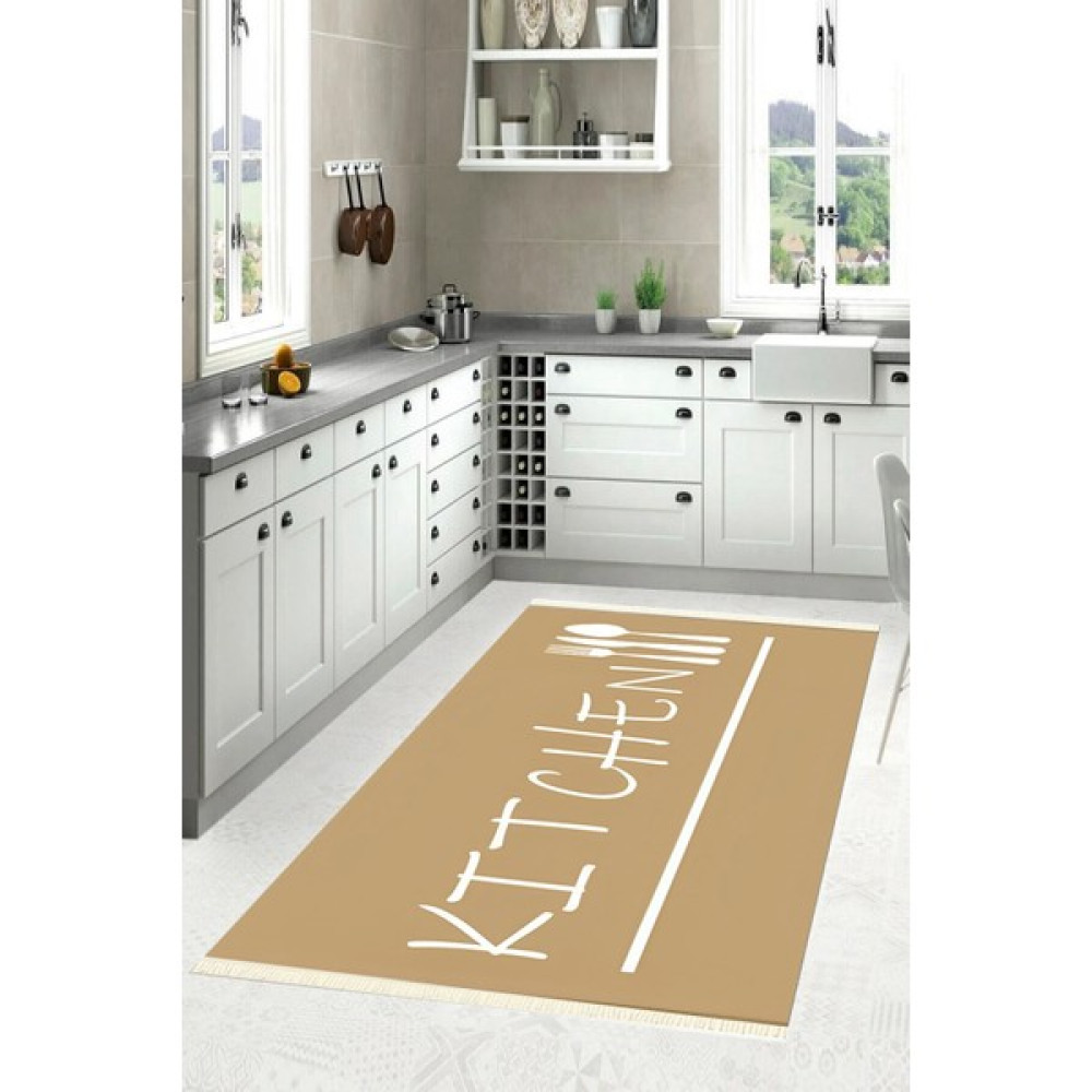 Mubo Kaymaz Tabanlı Makinada Yıkanabilir Dekoratif Salon Halısı Mutfak Halısı Yolluk - 50 x 80 cm - Kahve - Krem Salon Halısı Fiyatı