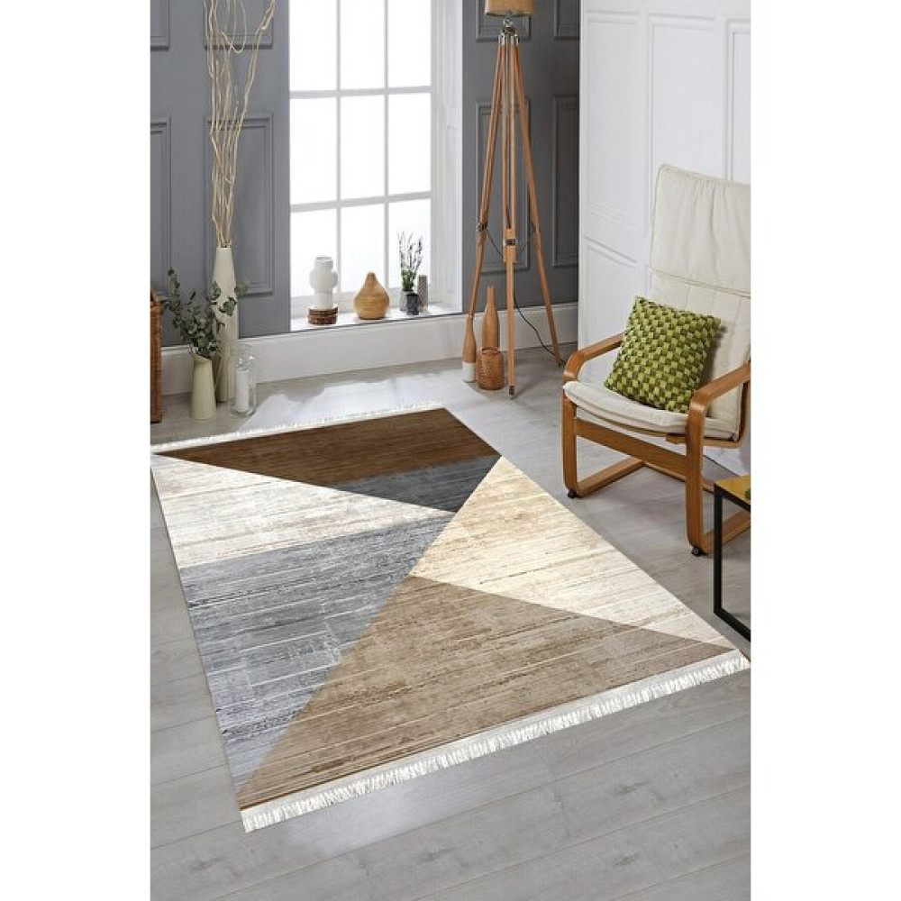 Mubo Kaymaz Tabanlı Makinada Yıkanabilir Dekoratif Salon Halısı Mutfak Halısı Yolluk - 80 x 150 cm - Gri - Kahve Salon Halısı Fiyatı