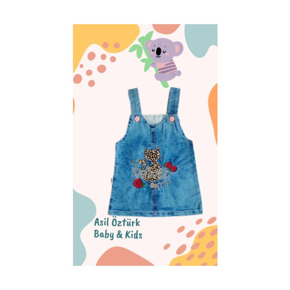 Müco Kids Wear Kız Bebek Çocuk Leopar Desen Kedi ve Gül Detaylı Kot Jile Jean Salopet Denim Elbise Kız Çocuk Elbise Fiyatı