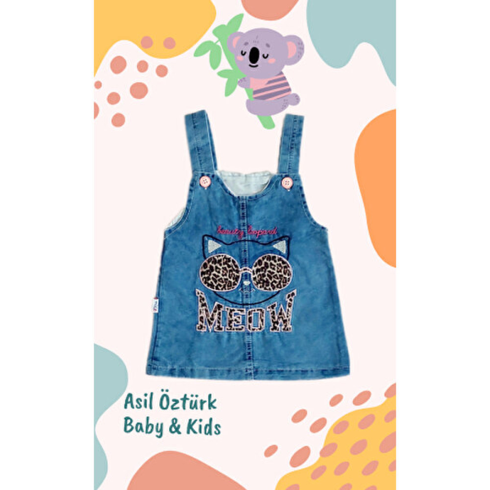 Müco Kids Wear Kız Bebek Çocuk Meow Kot Jile Leopar Desen ve Kedi Detaylı Jean Salopet Denim Elbise Kız Çocuk Elbise Fiyatı