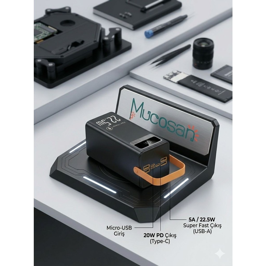 Mucosan 50.000 Mah Ultra Yüksek Kapasiteli Powerbank – 22.5W Fast Charge, Pd Destekli, 3 Mod Işıklı Premium Taşınabilir Şarj - Siyah Taşınabilir Şarj Cihazı - Powerbank Fiyatı