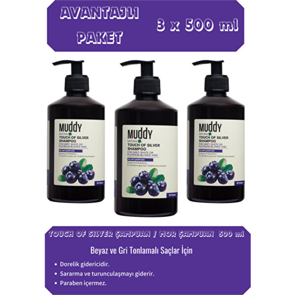 Muddy Dorelik Giderici Mor Şampuan Touch Of Silver Şampuan 500 ml x 3 Şampuan ve Saç Kremi Fiyatı