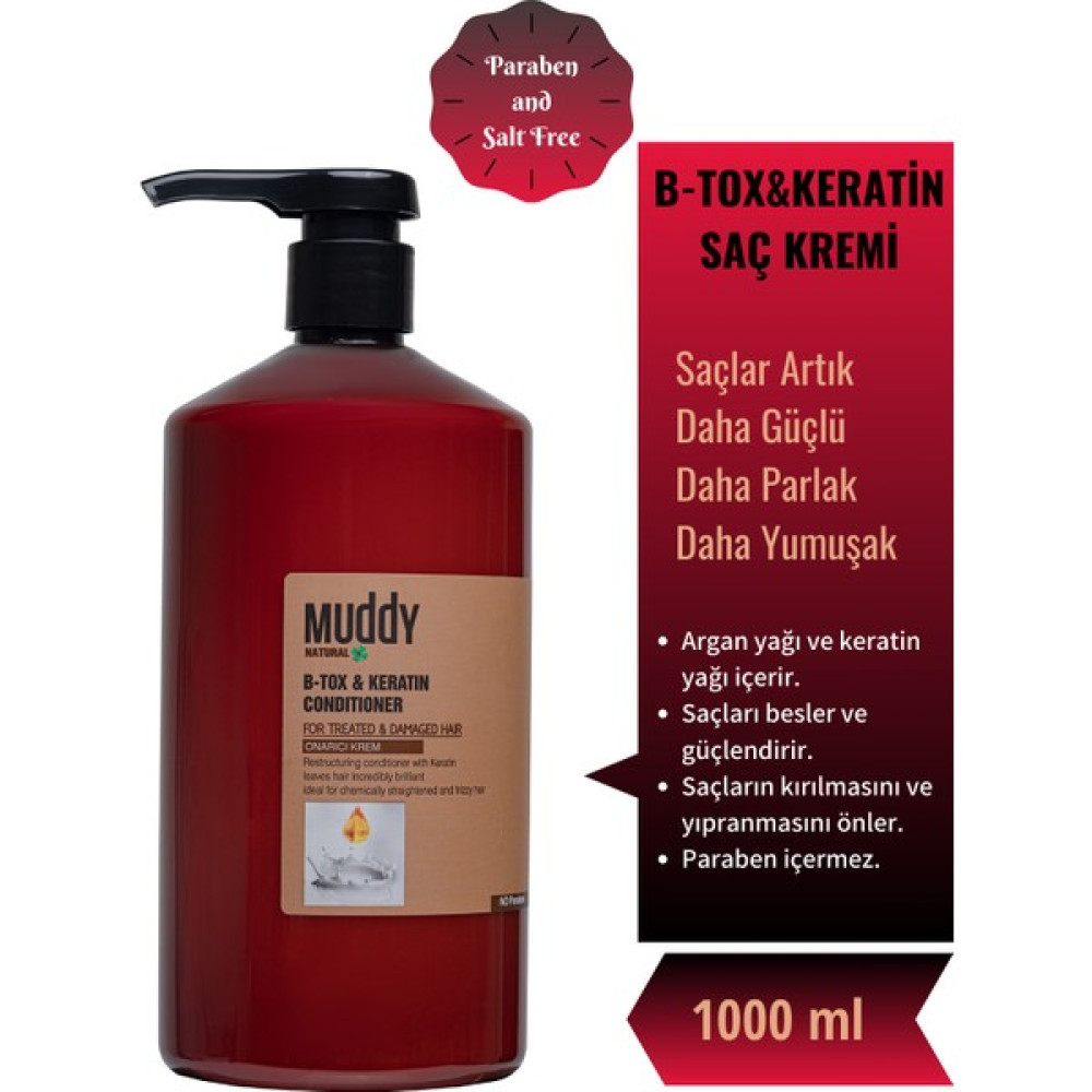 Muddy Yıpranmış ve İşlem Görmüş Saçlar Için B-Tox & Keratin İçeren Onarıcı Saç Bakım Kremi 1000 ml Şampuan ve Saç Kremi Fiyatı
