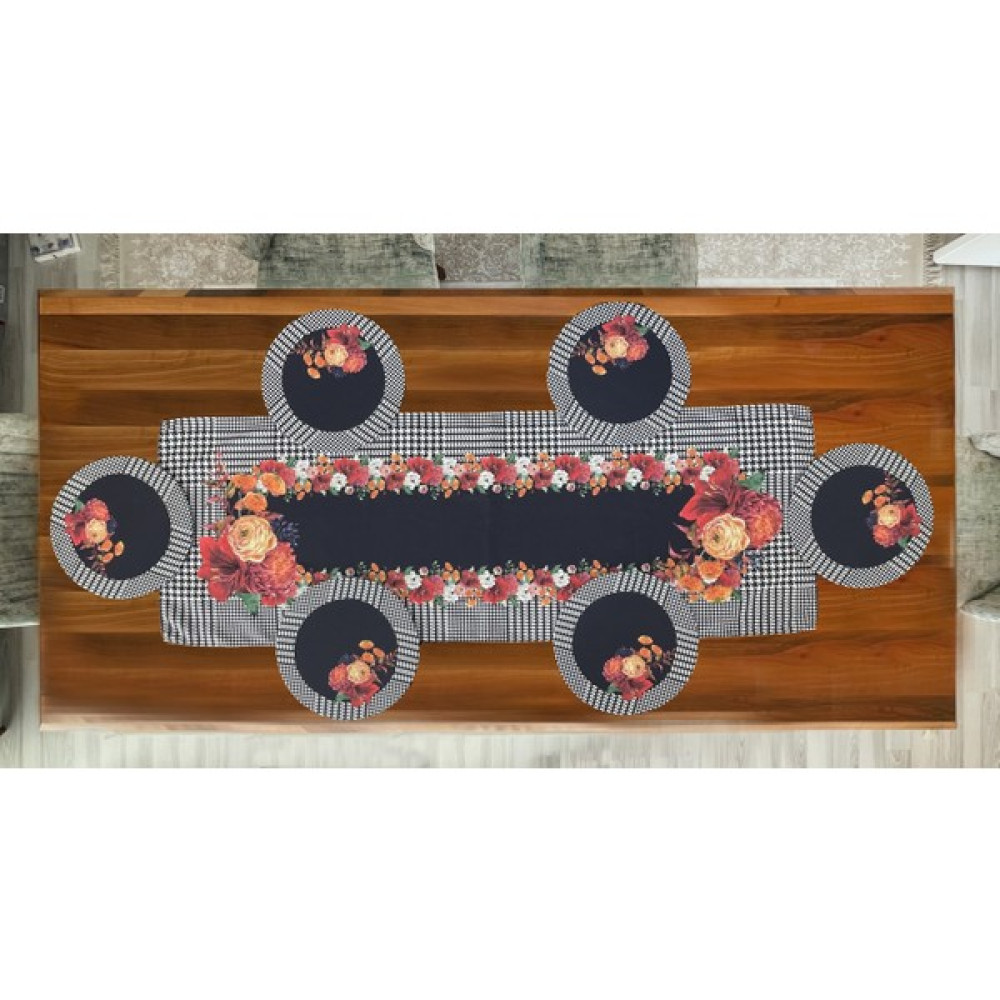 Mudita Home Çiçekli Kazayağı Desenli Supla Runner Takımı, Amerikan Servis Runner Takımı, Sofra Seti - 45 x 134 cm - Siyah - Beyaz Masa Örtüsü Fiyatı