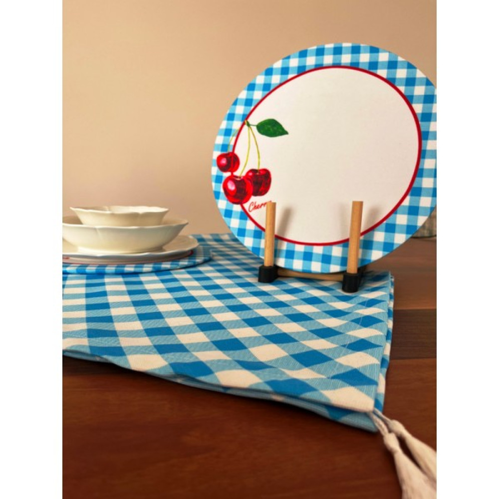 Mudita Home Kiraz Desenli Mavi Runner Supla Takımı, Yazlık Supla Runner Takımı, Meyve Desenli Amerikan Servis - Beyaz - Mavi - 45 x 134 cm Masa Örtüsü Fiyatı