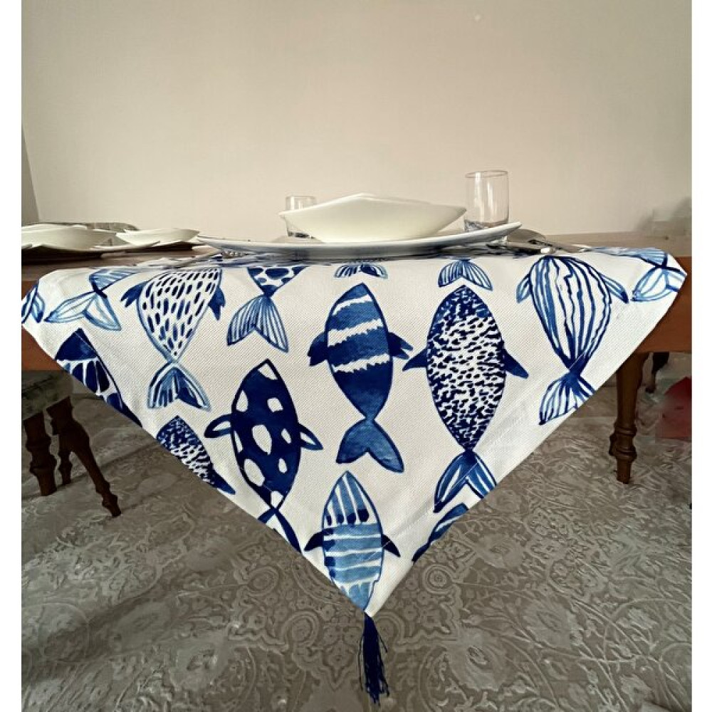 Mudita Home Mavi Balıklı Runner, Geometrik Desenli Runner, Klasik Runner, - Beyaz - Mavi - 45 x 134 cm Masa Örtüsü Fiyatı