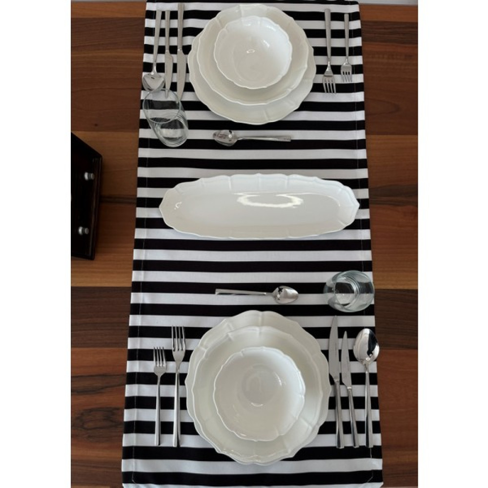 Mudita Home Siyah Beyaz Çizgili Runner Geometrik Runner - Beyaz - Siyah - 45 x 134 cm Masa Örtüsü Fiyatı