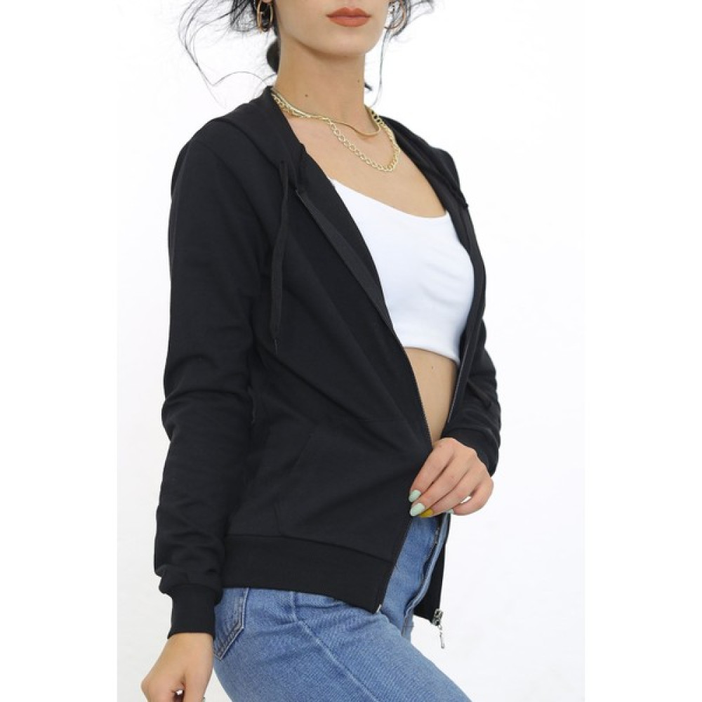 MUEL BUTİK Kapşonlu Fermuarlı Sweat Siyah - 3001.275. Bayan Sweatshirt Fiyatı