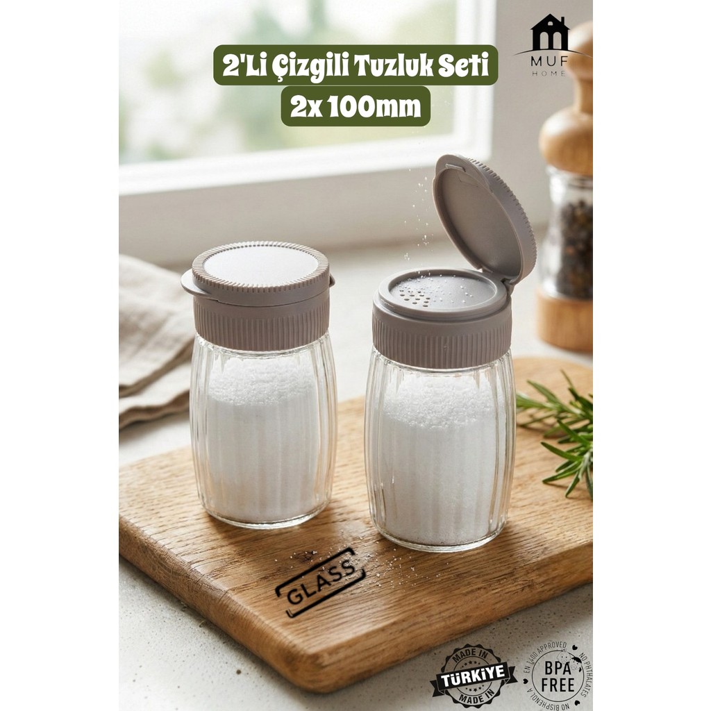 Muf Home 2'li Premium Çizgili Tuzluk Cam Baharatlık Takımı - Pratik Kapaklı Tuzluk Bpa Free 2x 100ML - Açık Kahverengi Tuz, Şeker, Baharat Fiyatı