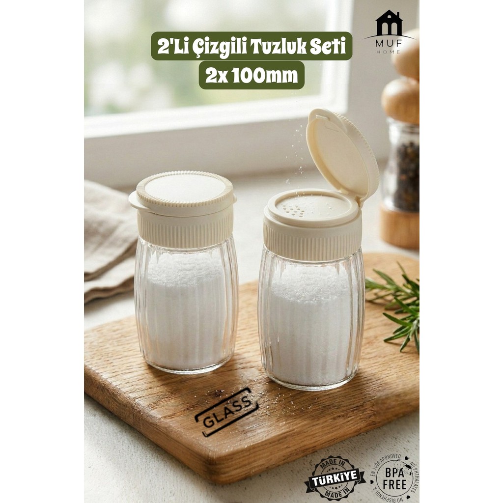 Muf Home 2'li Premium Çizgili Tuzluk Cam Baharatlık Takımı - Pratik Kapaklı Tuzluk Bpa Free 2x 100ML - Krem Tuz, Şeker, Baharat Fiyatı