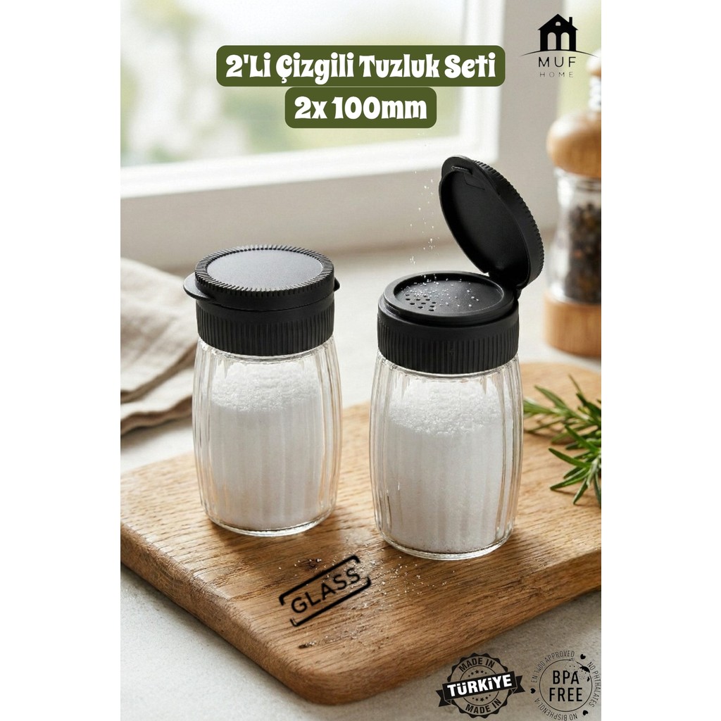 Muf Home 2'li Premium Çizgili Tuzluk Cam Baharatlık Takımı - Pratik Kapaklı Tuzluk Bpa Free 2x 100ML - Siyah Tuz, Şeker, Baharat Fiyatı