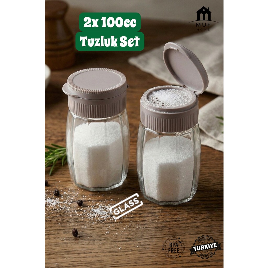 Muf Home 2'li Premium Çokgen Tuzluk Cam Baharatlık Takımı - Pratik Kapaklı Tuzluk Bpa Free 2x 100ML - Açık Kahverengi Tuz, Şeker, Baharat Fiyatı