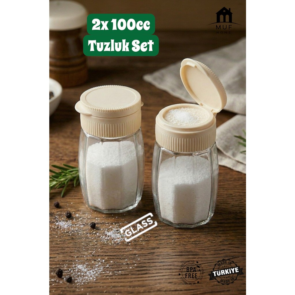 Muf Home 2'li Premium Çokgen Tuzluk Cam Baharatlık Takımı - Pratik Kapaklı Tuzluk Bpa Free 2x 100ML - Ekru Tuz, Şeker, Baharat Fiyatı