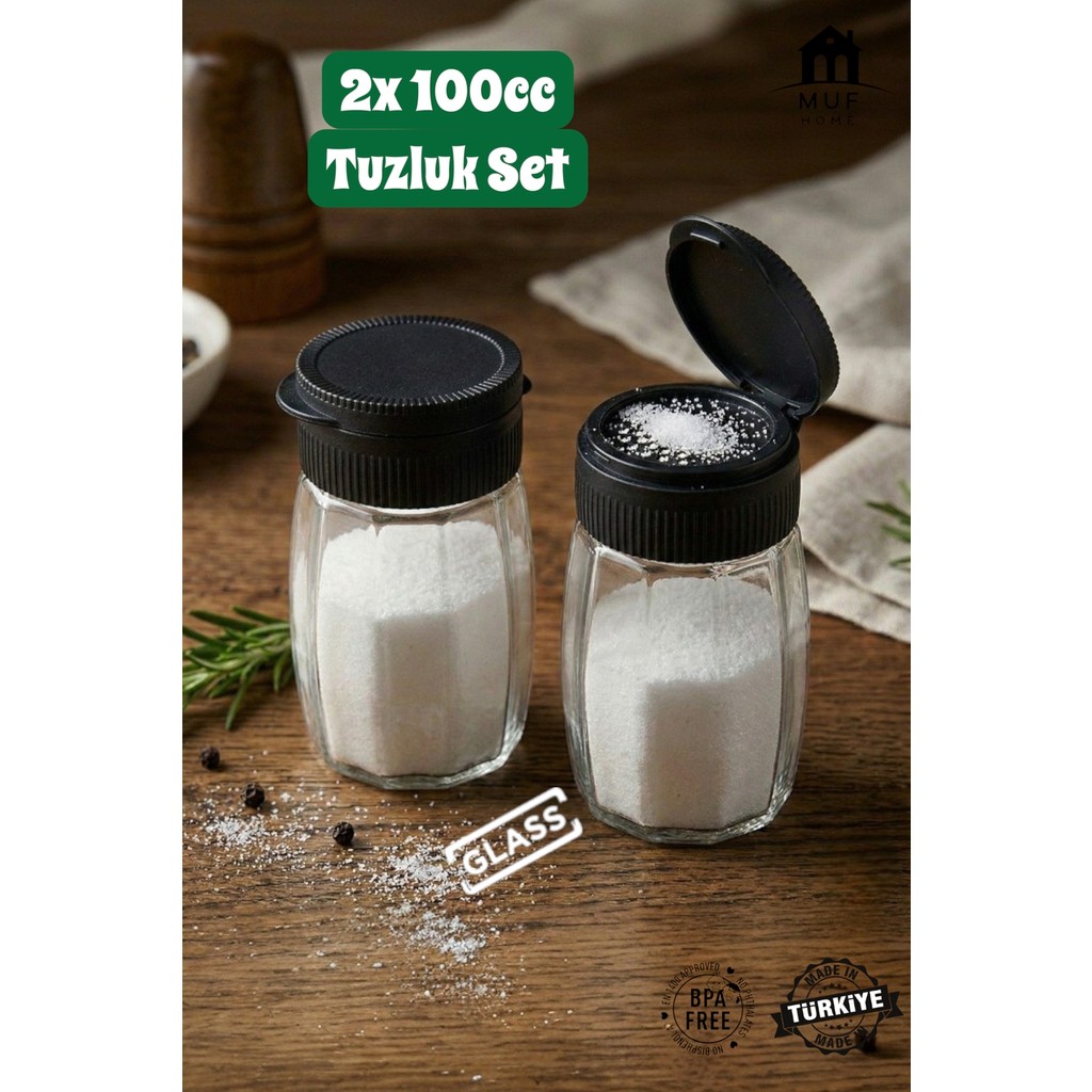 Muf Home 2'li Premium Çokgen Tuzluk Cam Baharatlık Takımı - Pratik Kapaklı Tuzluk Bpa Free 2x 100ML - Siyah Tuz, Şeker, Baharat Fiyatı