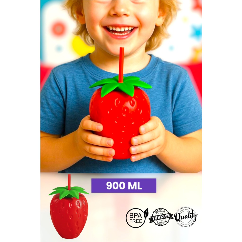 Muf Home Çilek Tasarım Pipetli Matara – Çilek Şekilli, Çocuklara ve Parti Masalarına Renk Katar 900ML -Bpa Free- Diğer Fiyatı