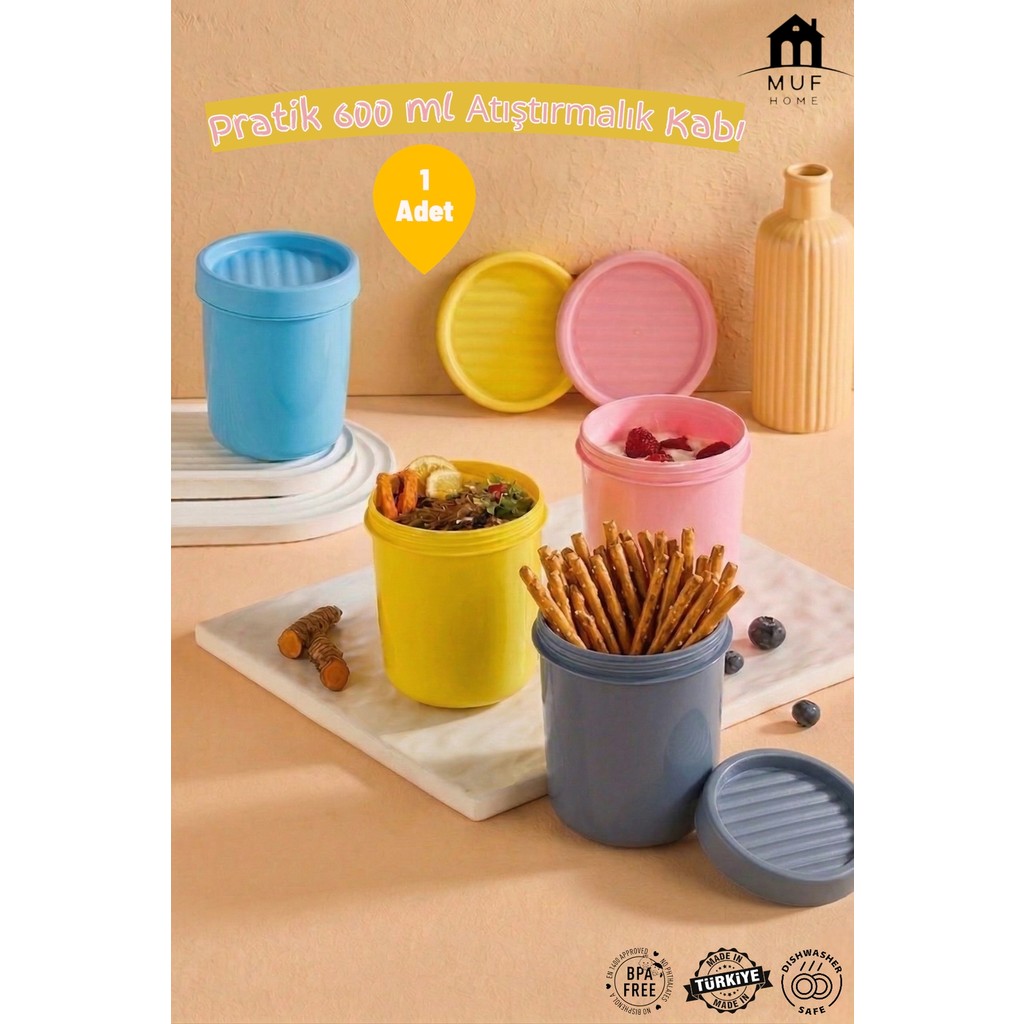 Muf Home Pratik Bebek Atıştırmalık ve Mama Saklama Kabı 600 ml | Bpa Içermez Renkli Çerezlik Eşya Saklama / Düzenleme Fiyatı