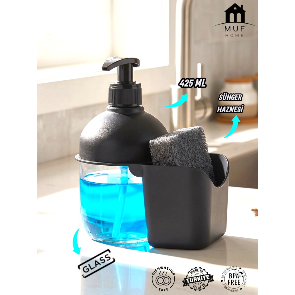 Muf Home Süngerlikli Cam Sıvı Sabunluk - 425 ml Mutfak Tezgah Üstü Bulaşık Deterjanlığı Modern Sabunluk Deterjan ve Temizlik Ürünleri Fiyatı
