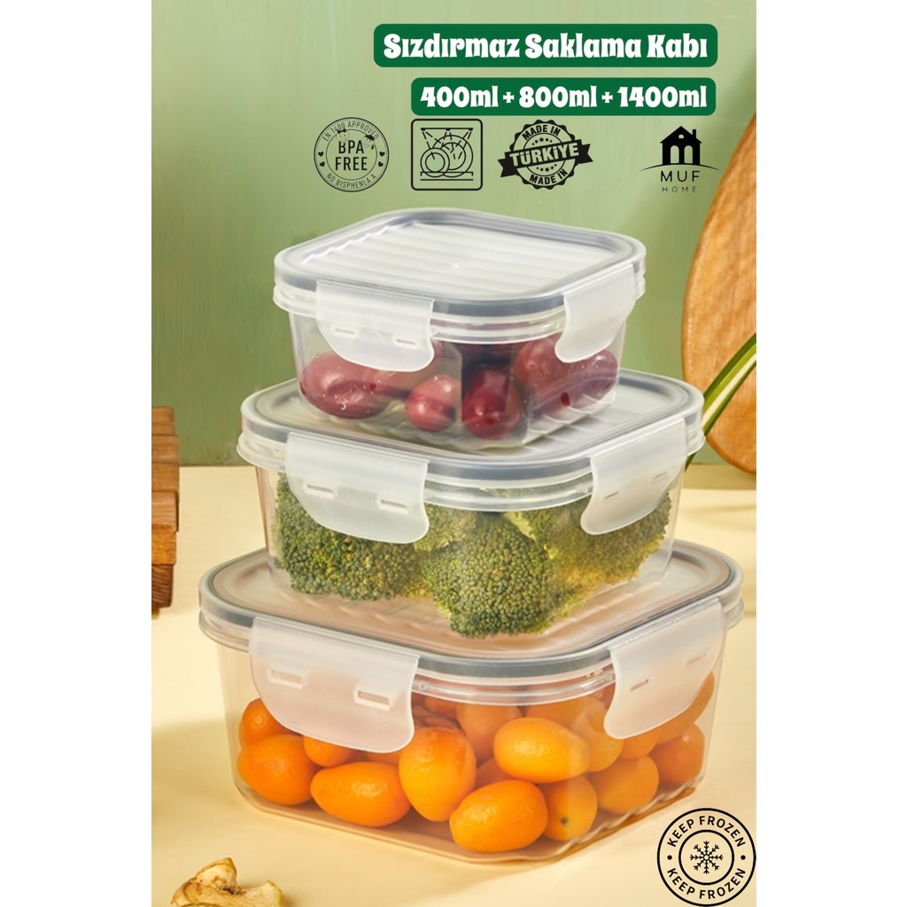 Muf Home Tam Vakumlu Hava Geçirmez Sızdırmaz Kilitli Saklama Kabı 3'lü Set Şeffaf (1400ML 800ML 400ML)- Bpa Free Eşya Saklama / Düzenleme Fiyatı