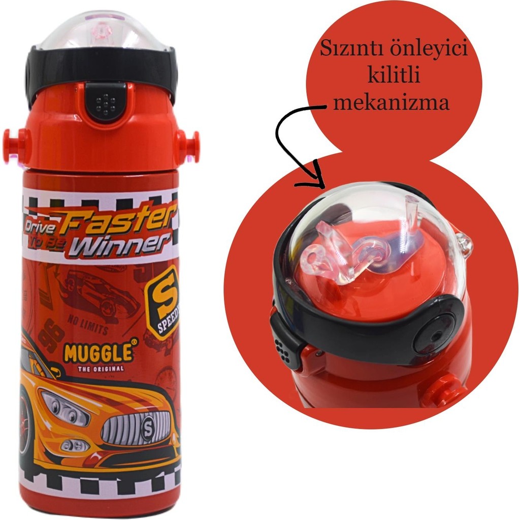Muggle Çelik Matara 550 ml Sızdırmaz Tasarım ve Eğlenceli Araba Deseni ile Kırmızı Suluk Fiyatı
