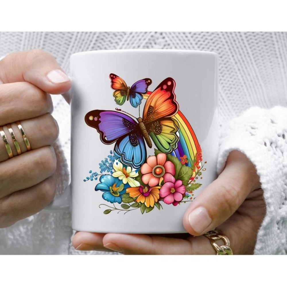 Mugs & Gift Kelebek Tasarımlı Renkli Çiçekli Baskılı Tasarımlı Kahve Çay Kupa Bardak Fincan / Bardak / Kahve Takımı Fiyatı