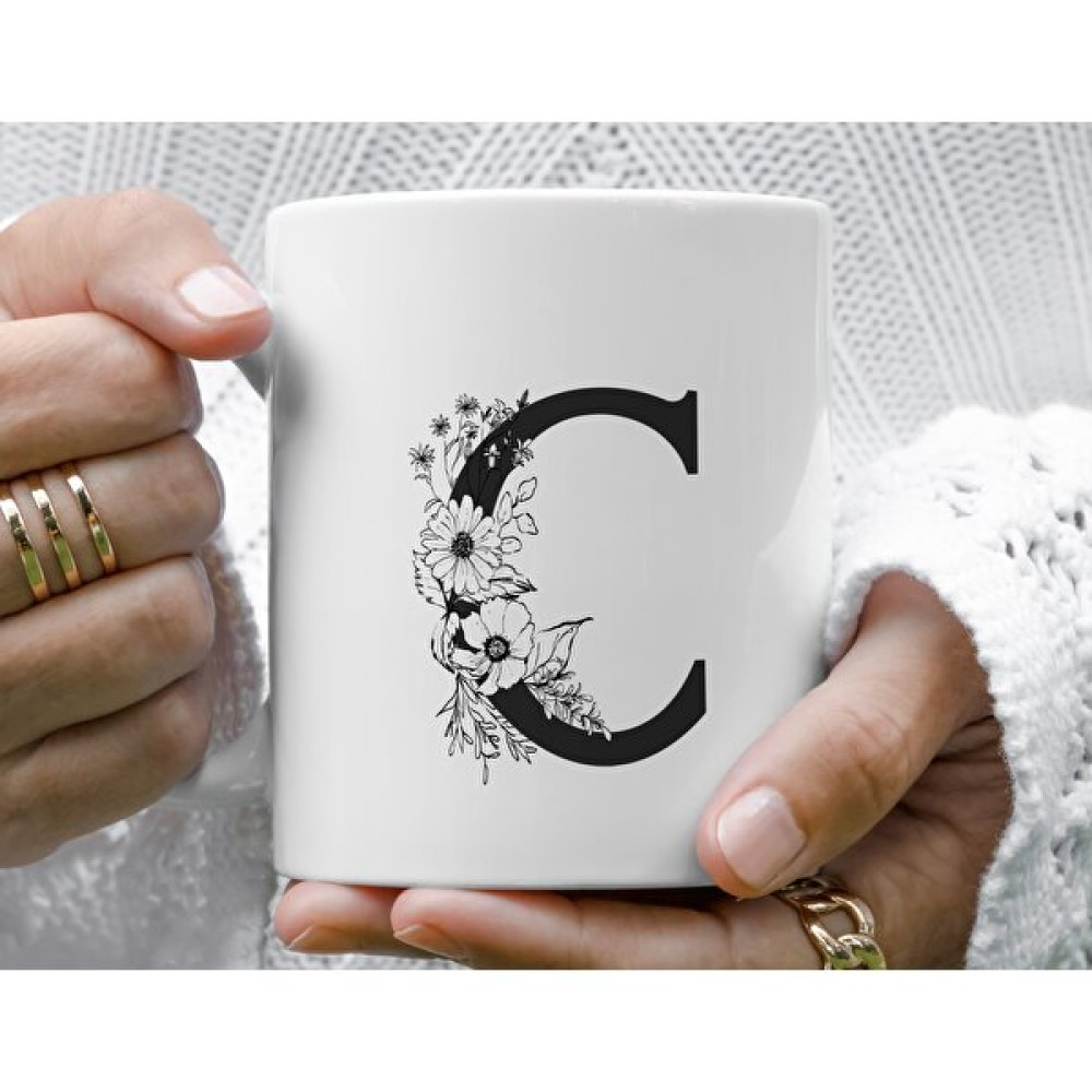 Mugs & Gift Monogram Beyaz Çiçekli C Baş Harfli Baskılı Kahve Çay Kupa Bardak Fincan / Bardak / Kahve Takımı Fiyatı