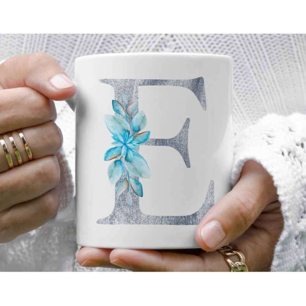 Mugs & Gift Monogram Gümüş Çiçekli E Baş Harfli Baskılı Kahve Çay Kupa Bardak Fincan / Bardak / Kahve Takımı Fiyatı