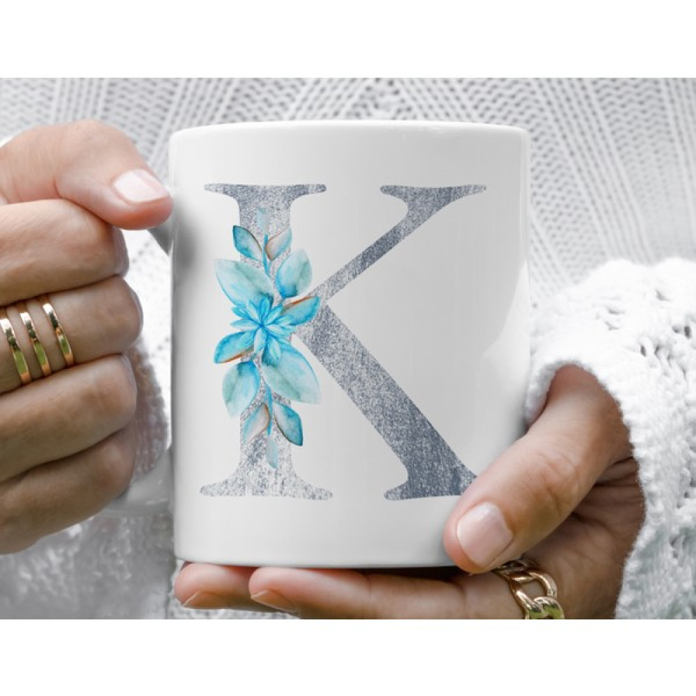 Mugs & Gift Monogram Gümüş Çiçekli K Baş Harfli Baskılı Kahve Çay Kupa Bardak Fincan / Bardak / Kahve Takımı Fiyatı
