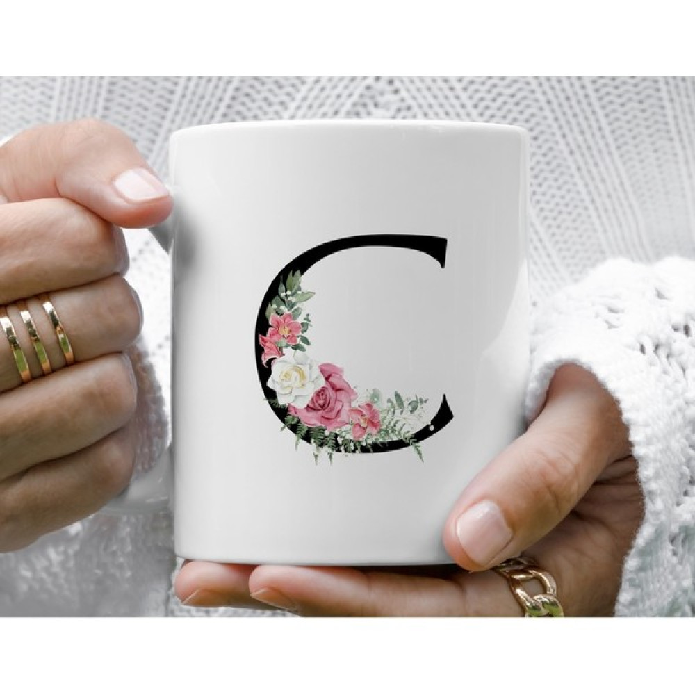 Mugs & Gift Monogram Kırmızı Beyaz Çiçekli C Harfli Baskılı Kahve Çay Kupa Bardak Fincan / Bardak / Kahve Takımı Fiyatı