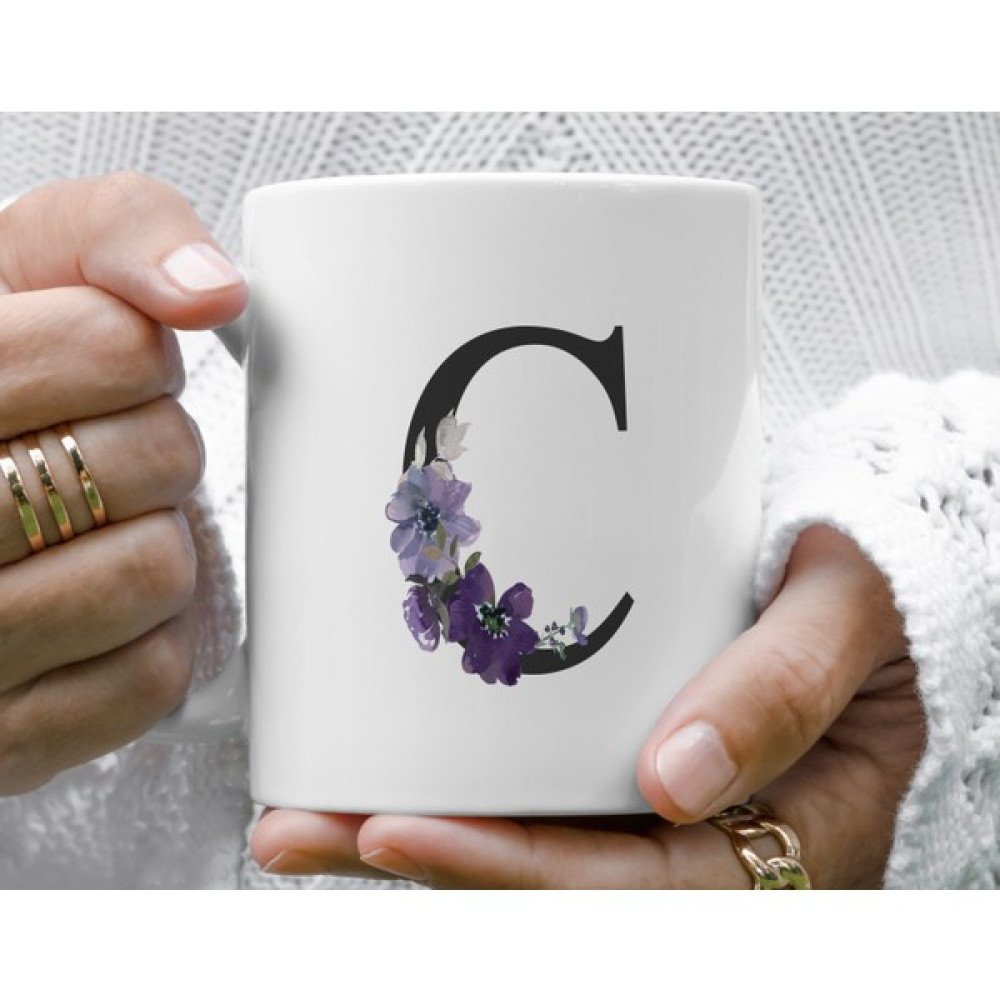 Mugs & Gift Monogram Mor Çiçekli C Baş Harfli Baskılı Kahve Çay Kupa Bardak Fincan / Bardak / Kahve Takımı Fiyatı