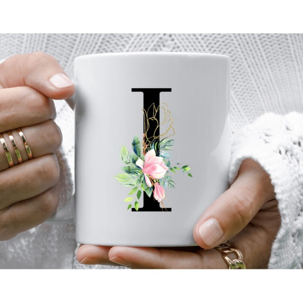 Mugs & Gift Monogram Pembe Çiçekli I Harfli Baskılı Kahve Çay Kupa Bardak Fincan / Bardak / Kahve Takımı Fiyatı