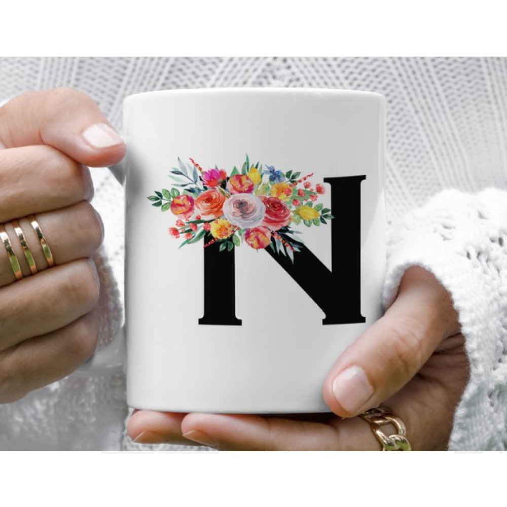 Mugs & Gift Monogram Pembe Çiçekli N Baş Harfli Baskılı Kahve Çay Kupa Bardak Fincan / Bardak / Kahve Takımı Fiyatı