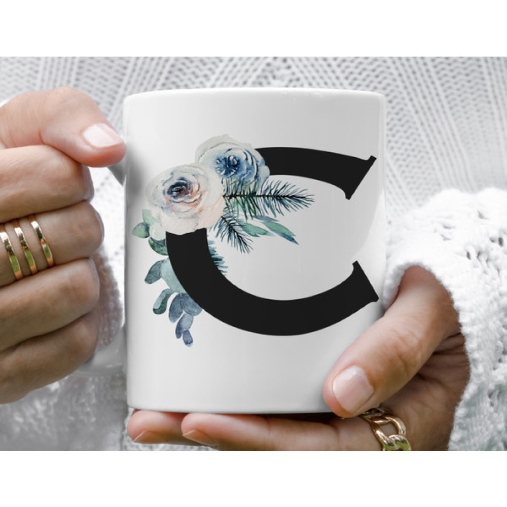Mugs & Gift Monogram Siyah Çiçekli C Baş Harfli Baskılı Kahve Çay Kupa Bardak Fincan / Bardak / Kahve Takımı Fiyatı