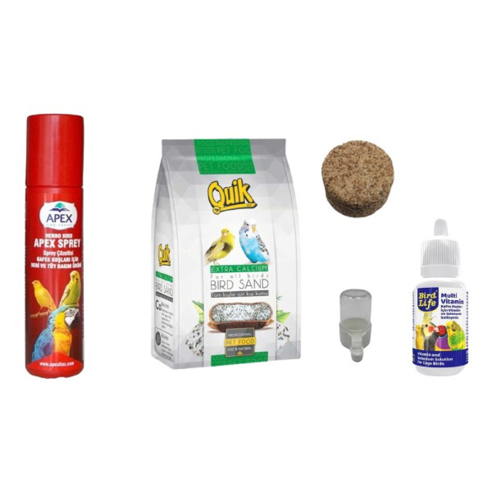 Muhabbet Kuşu 5'li Bakım Seti -Quik Kuş Kumu 250 Gram - Apex Tüy Bakım Spreyi - Multivitamin - Mineral Blok -Kumluk - 5'li Paket Evcil Hayvan Ürünleri Fiyatı