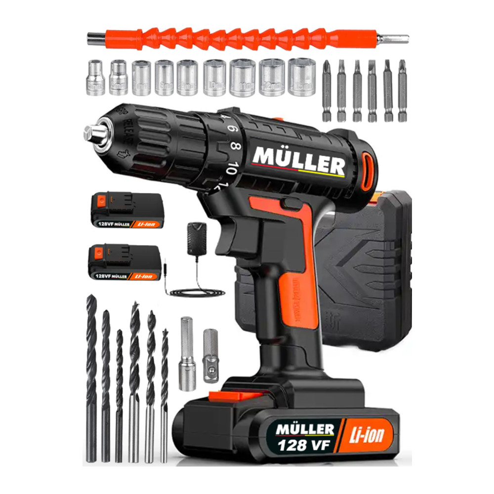 Müller Germany 128 Vf 12 Ah Çift Kartlı Çelik Şanzuman Bakır Sargılı 2 Akülü Şarjlı Matkap Vidalama 27 Pcs Akülü Vidalama Makinesi Fiyatı