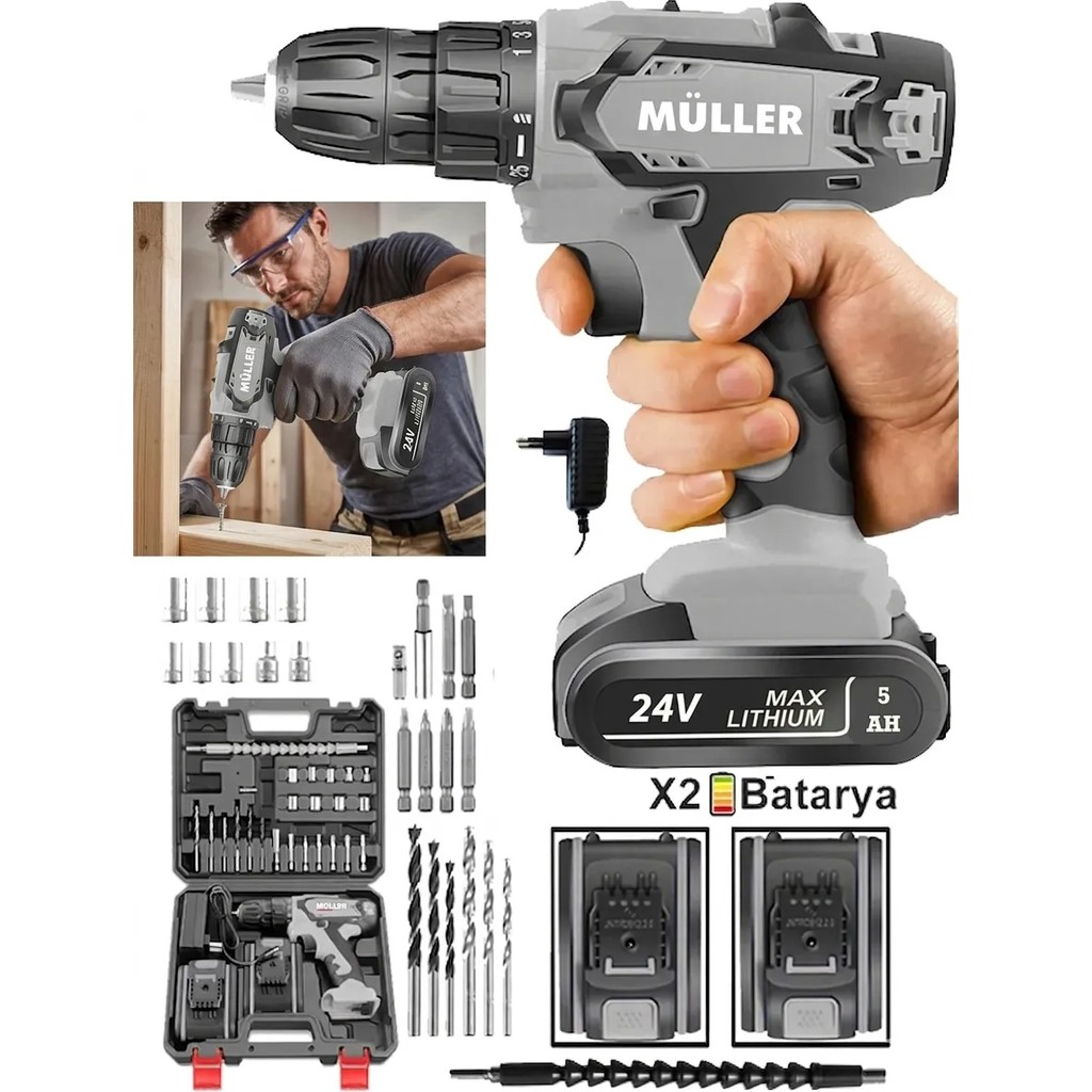Müller Germany 36v5 Ah Çift Kartlı Çelik Şanzuman Bakır Sargılı 2 Akülü Şarjlı Matkap Vidalama 27 Pcs Matkaplar Fiyatı