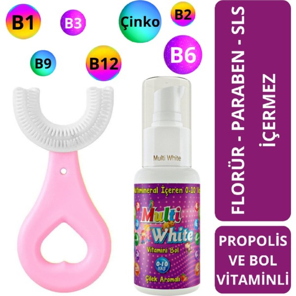 Multi White Multivitaminli Çilek Aromalı Çocuk Diş Macunu 50 ml ve U Şeklinde Diş Fırçası Pembe - Renkli Diş Macunları Fiyatı