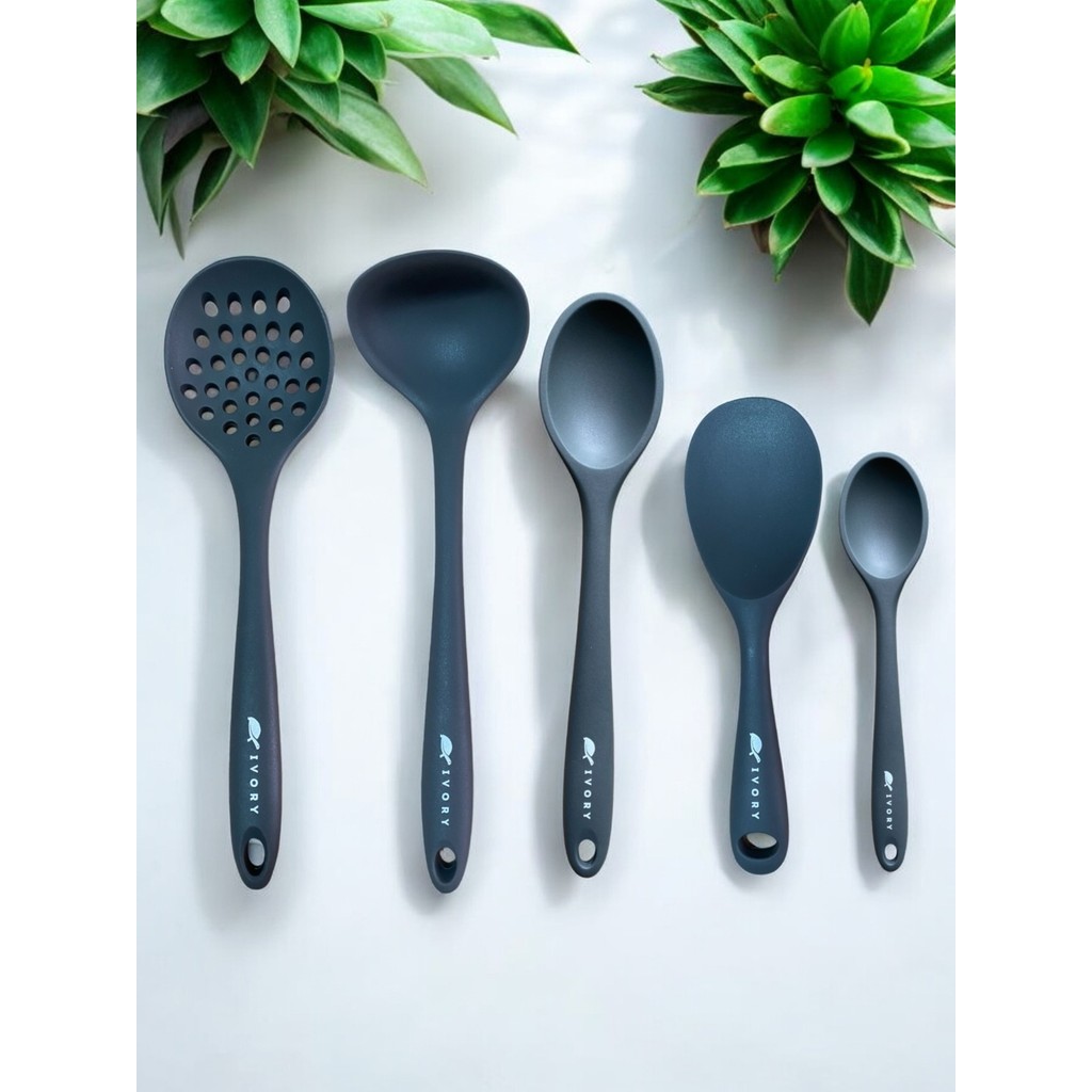 Multiamo İvory Isıya Dayanıklı Silikon Kepçe Kevgir Seti 5 parça 28 CM / 22 CM / 20 CM Kaşık 28 CM Kepçe / kevgir - Gri Çatal / Kaşık / Bıçak Takımları Fiyatı