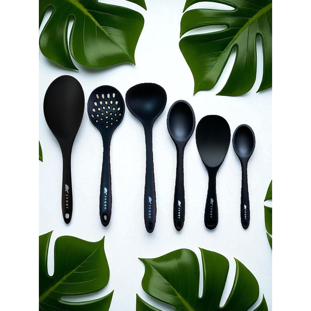 Multiamo İvory Isıya Dayanıklı Silikon Kevgir Kepçe Spatula Kaşık Seti (30-28-22-20 Cm) 6 Parça - Siyah Çatal / Kaşık / Bıçak Takımları Fiyatı