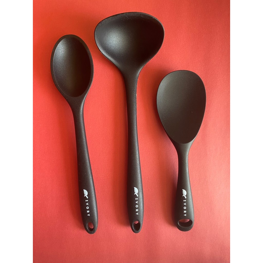 Multiamo İvory Sert Uçlu Isıya Dayanıklı Yanmaz Yapışmaz Silikon Kaşık Seti 3 Parça 28CM/22CM Kaşık 28CM Kepçe - Siyah Çatal / Kaşık / Bıçak Takımları Fiyatı