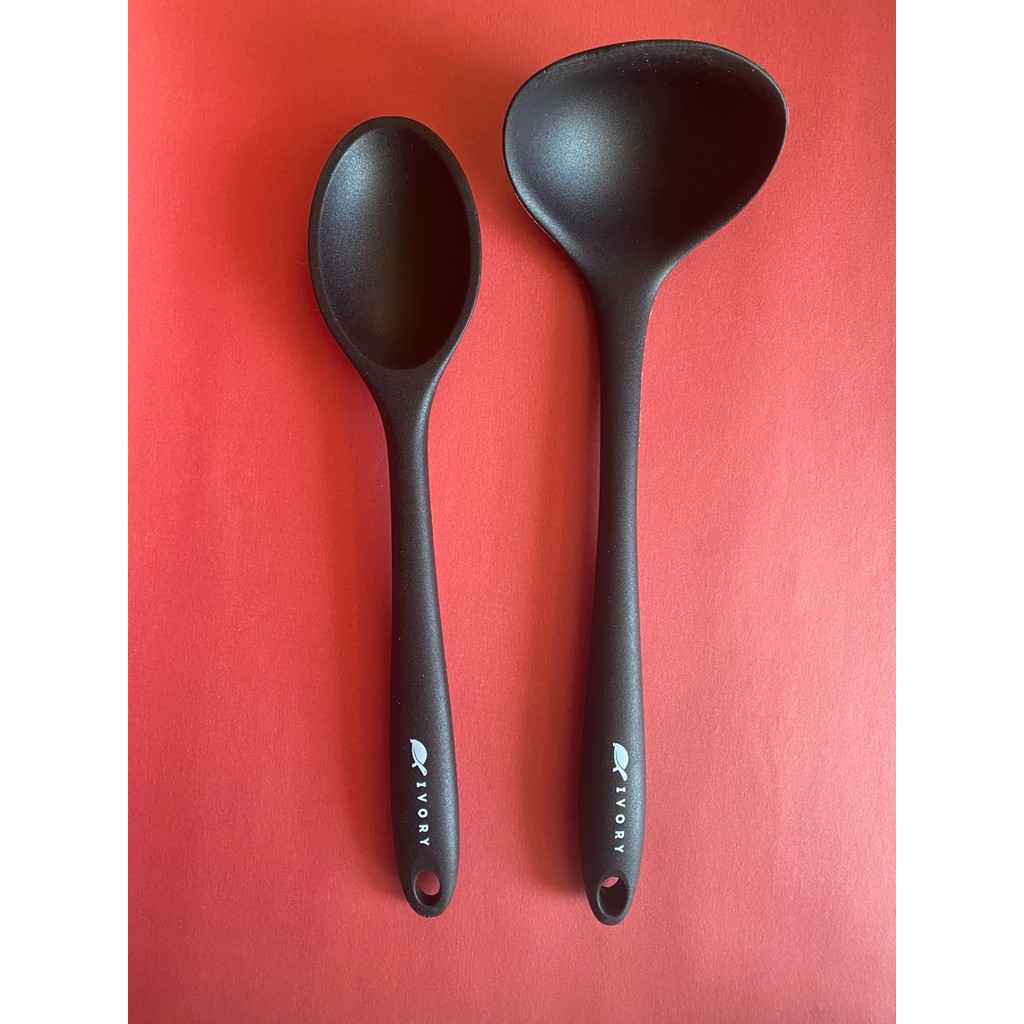 Multiamo Sert Uçlu Isıya Dayanıklı Yanmaz Yapışmaz Silikon Kaşık Seti 2 Parça 28CM Uzun Derinkaşık 28CM Kepçe - Siyah Çatal / Kaşık / Bıçak Takımları Fiyatı