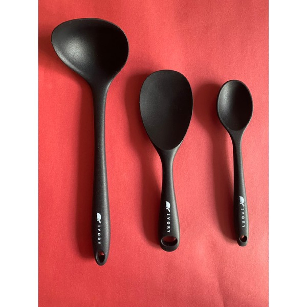 Multiamo Sert Uçlu Isıya Dayanıklı Yanmaz Yapışmaz Silikon Kaşık Seti 3 Prç 22CM/20CM Kaşık 28CM Kepçe - Siyah Çatal / Kaşık / Bıçak Takımları Fiyatı