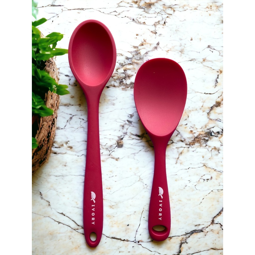 Multiamo Sert Uçlu Isıya Dayanıklı Yanmaz Yapışmaz Silikon Uzun Kaşık 28 cm + Kısa Kaşık 22 cm 2 Adet - Fuşya Çatal / Kaşık / Bıçak Takımları Fiyatı