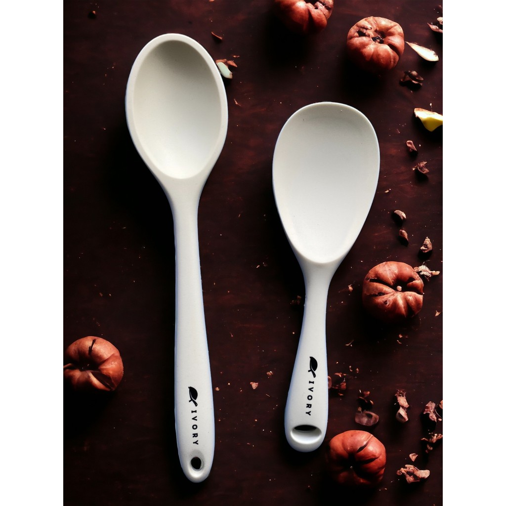 Multiamo Sert Uçlu Isıya Dayanıklı Yanmaz Yapışmaz Silikon Uzun Kaşık 28 cm + Kısa Kaşık 22 cm / 2 Adet - Krem Çatal / Kaşık / Bıçak Takımları Fiyatı