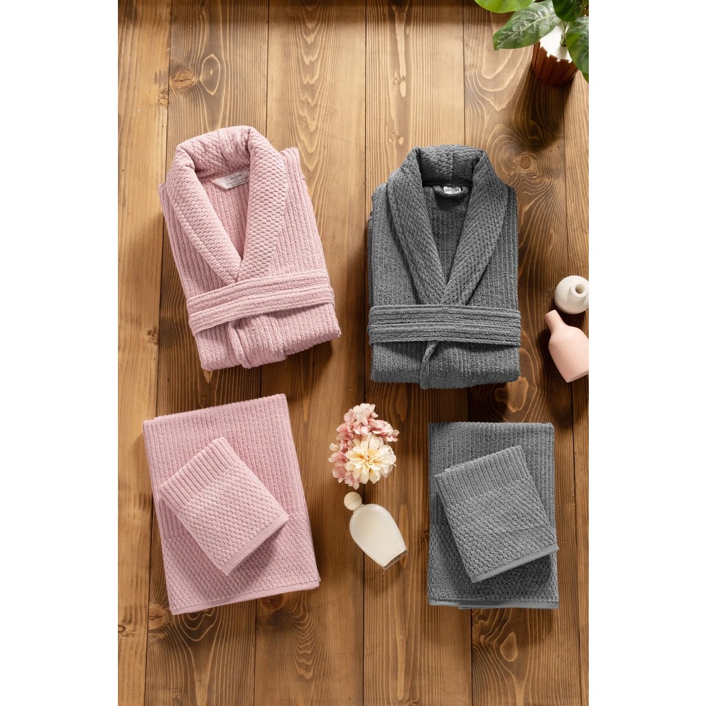 Mürdüm Home Sare 6 Parça Aile Bornoz Takımı - %100 Pamuk, Lüks, Jakarlı Bornoz Seti, Hediyelik, Çeyizlik - Standart - Pudra - Antrasit Havlu & Bornoz Takımı Fiyatı