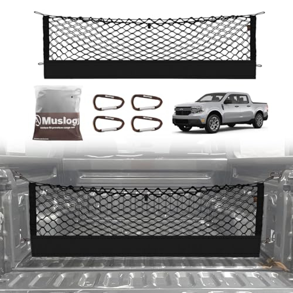 Muslogy Truck Bed Cargo Net Compatible with 2022-2024 2025 Ford Maverick Accessories Envelope Style Bed Net Trunk Organizer - Upgraded Support Stability Rope with Metal Carabiners Tight Fit, Won't Sag
